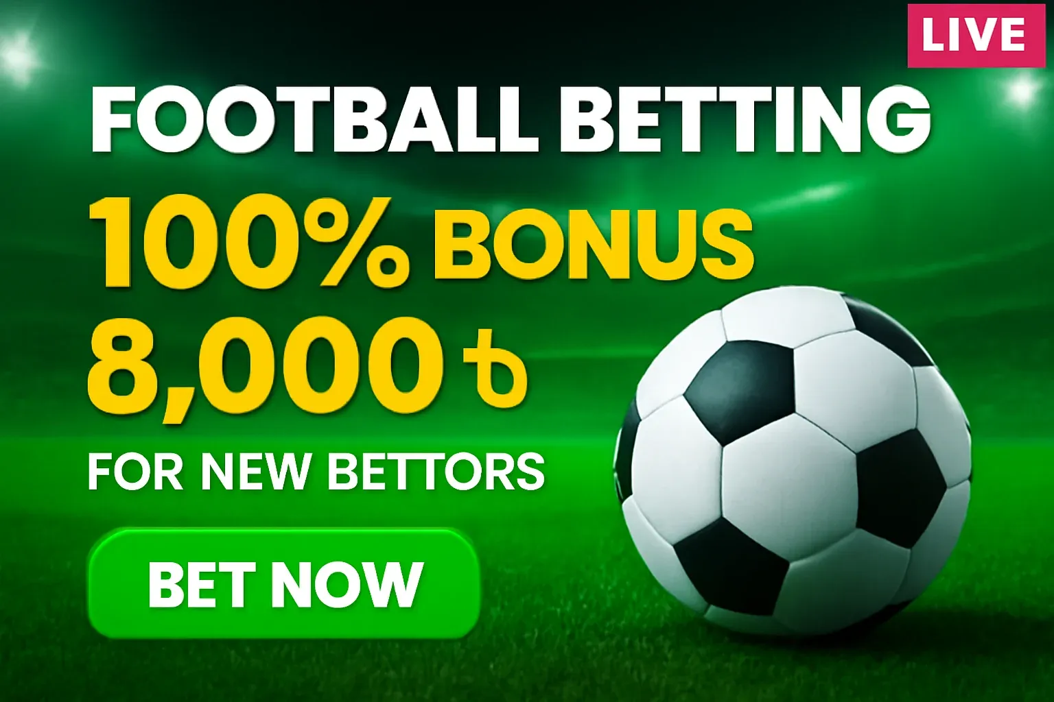 Football betting banner with classic soccer ball on green stadium turf and 100% bonus offer